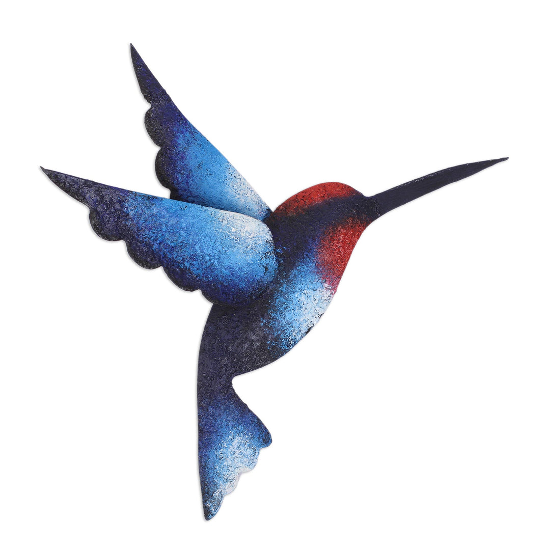Artisan Handcrafted Blue Hummingbird Steel Wall Sculpture - Delightful Blue Hummingbird