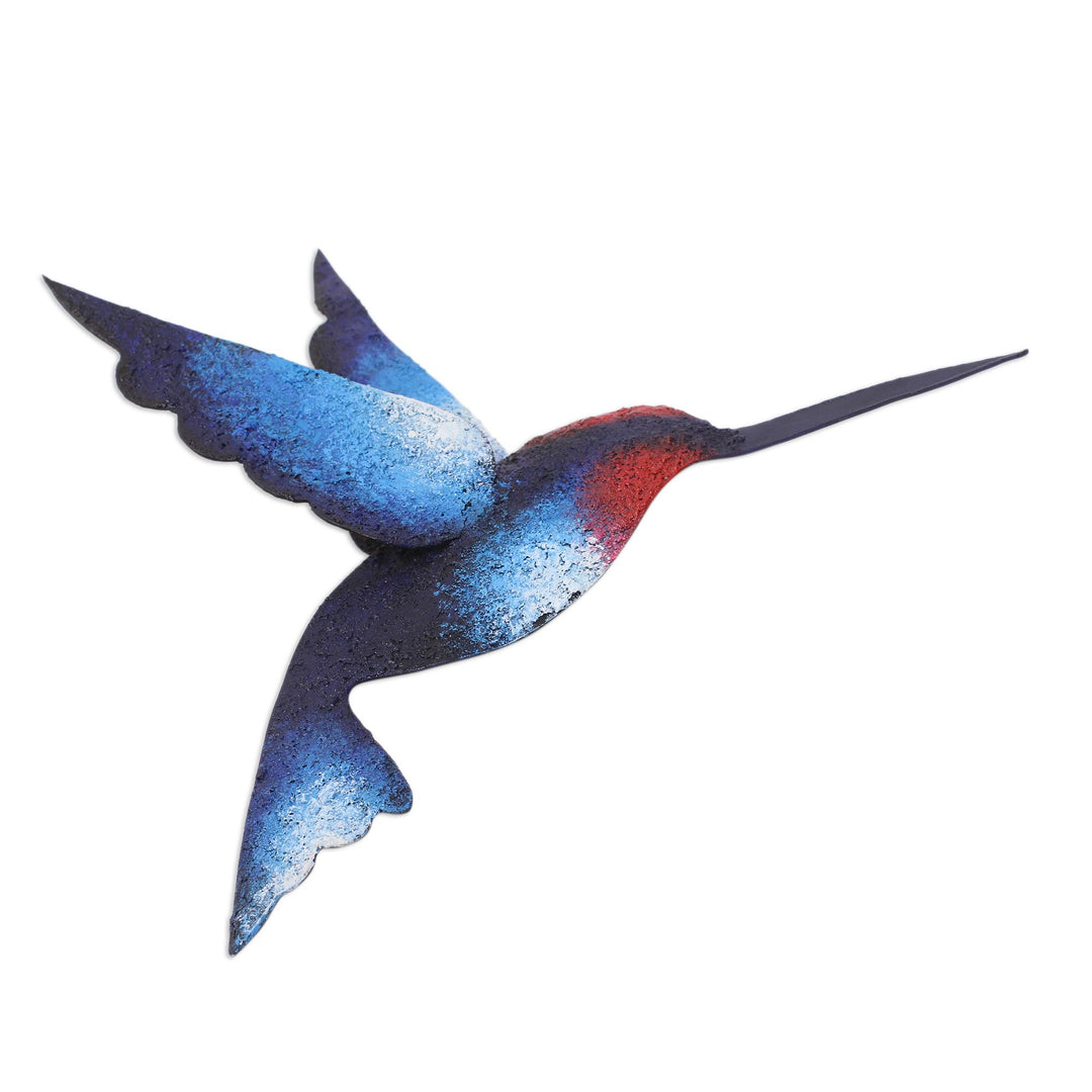 Artisan Handcrafted Blue Hummingbird Steel Wall Sculpture - Delightful Blue Hummingbird