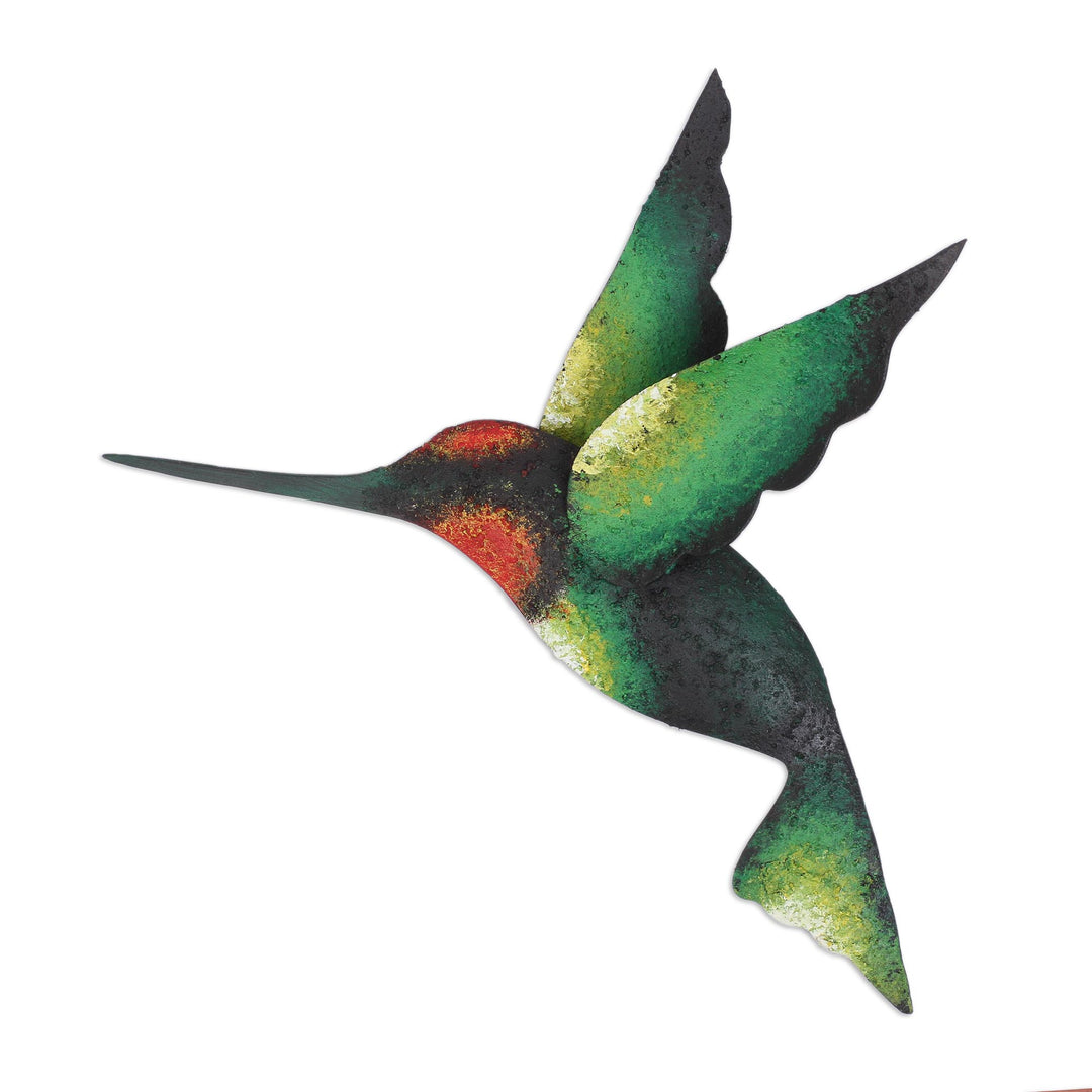 Green Hummingbird Artisan Handcrafted Steel Wall Sculpture - Delightful Green Hummingbird