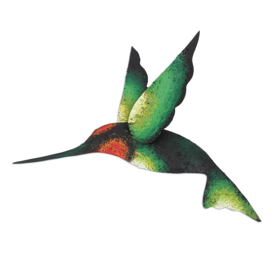 Green Hummingbird Artisan Handcrafted Steel Wall Sculpture - Delightful Green Hummingbird