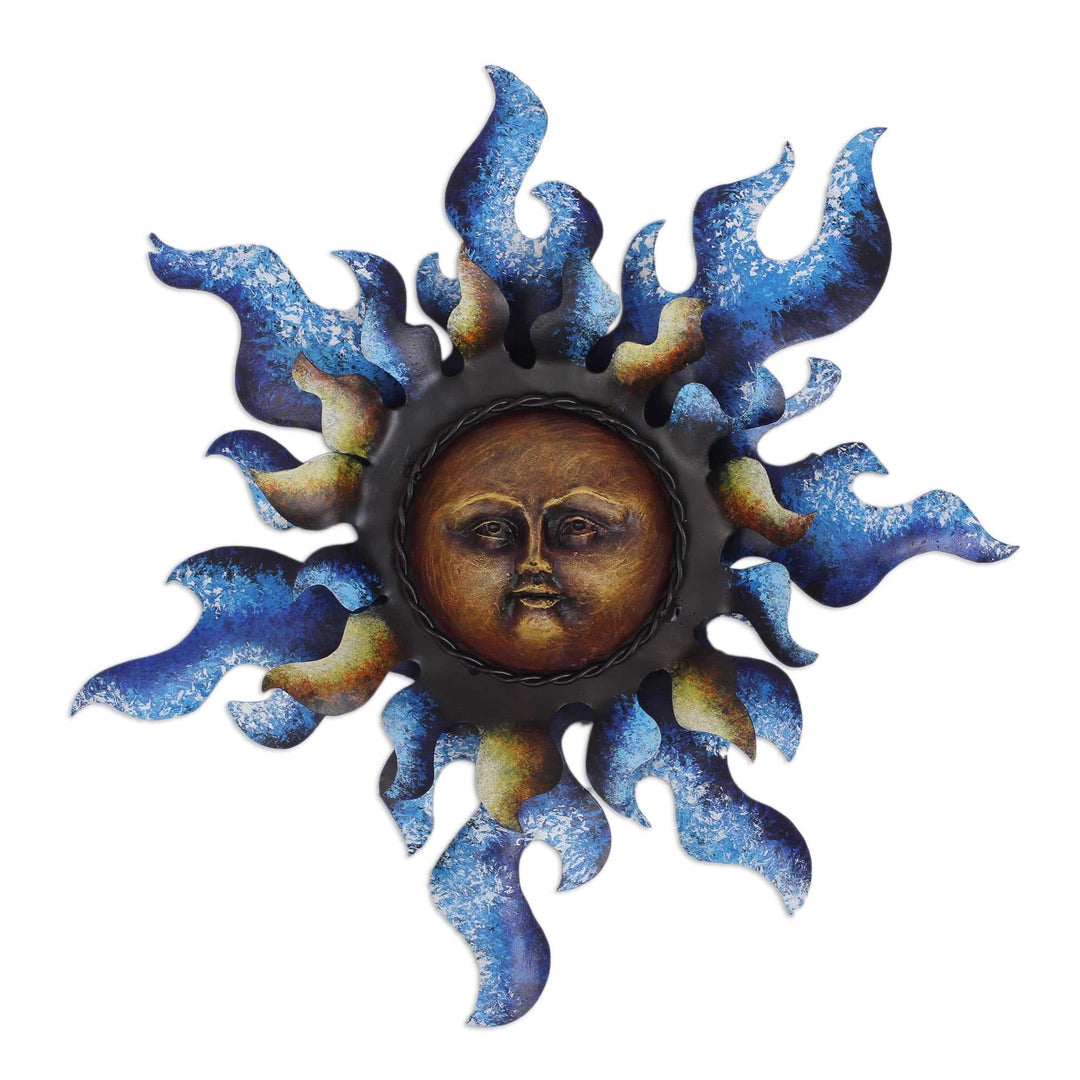 Sun Steel Wall Sculpture in Blue from Mexico - Radiant Star in Blue