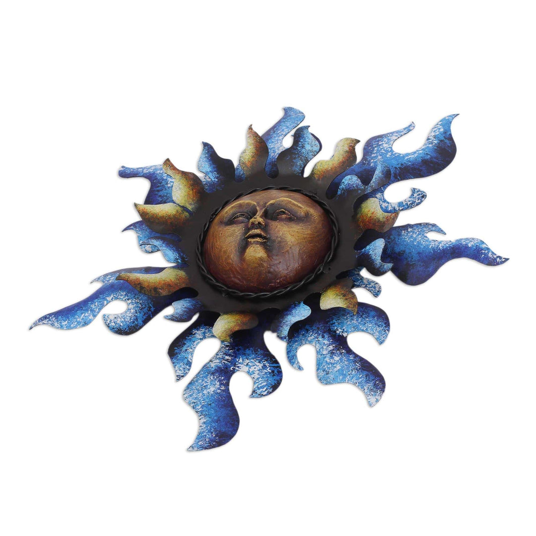Sun Steel Wall Sculpture in Blue from Mexico - Radiant Star in Blue