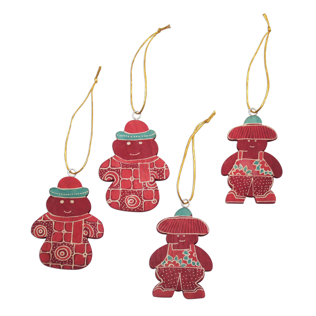 Four Batik Wadang Wood Snowman Ornaments from Java - Red Snowmen