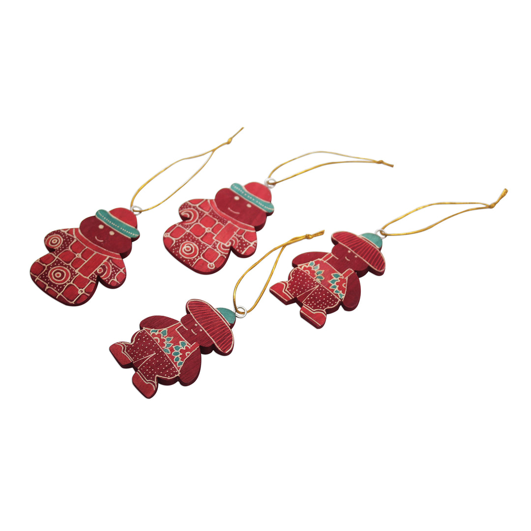 Four Batik Wadang Wood Snowman Ornaments from Java - Red Snowmen