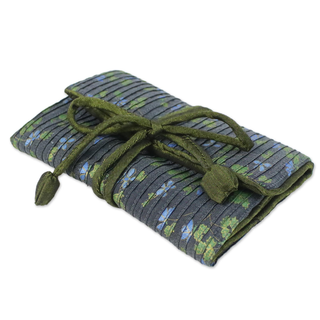 Rayon Blend Jewelry Roll with Floral Motifs from Thailand - Traveling Fashion