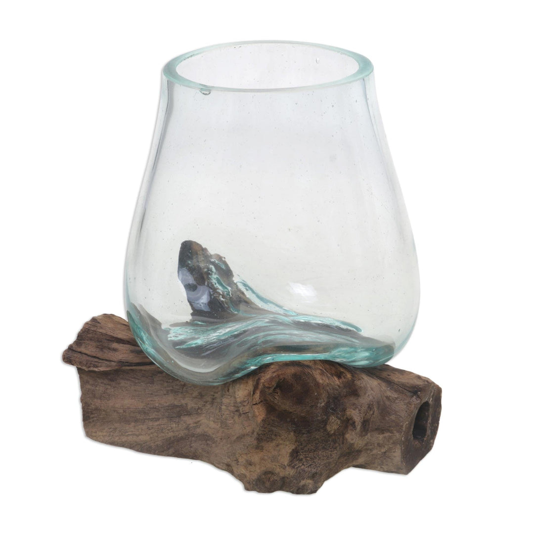 Blown Glass and Albesia Wood Vase Made in Bali - Clear Horizon