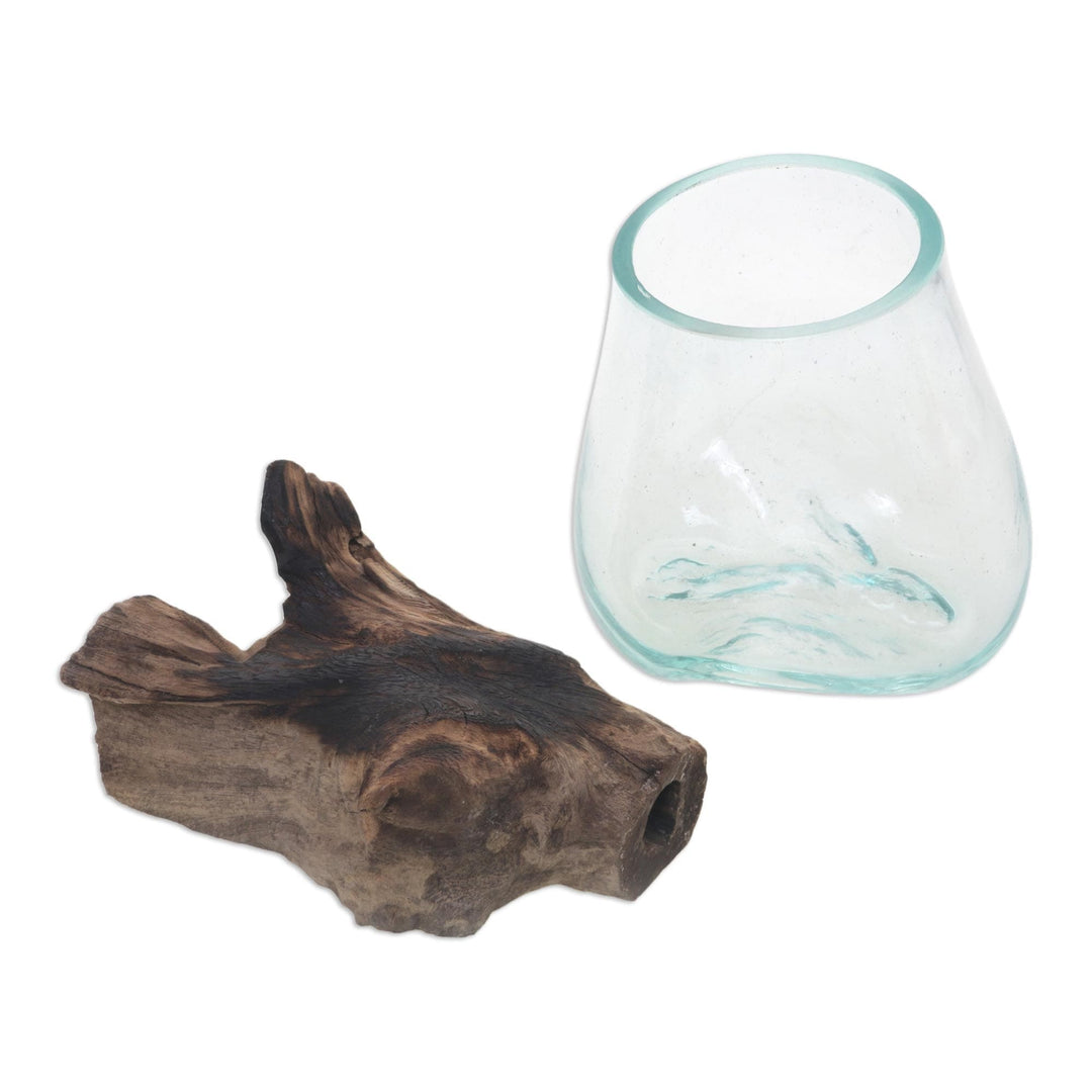 Blown Glass and Albesia Wood Vase Made in Bali - Clear Horizon