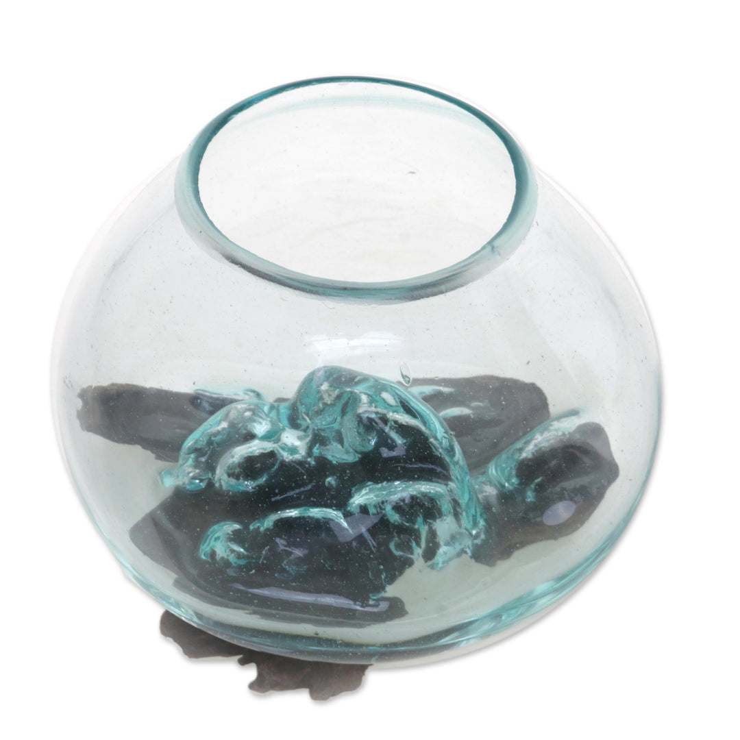 Handmade Blown Glass and Albesia Wood Vase Made in Bali - Rocky Horizon