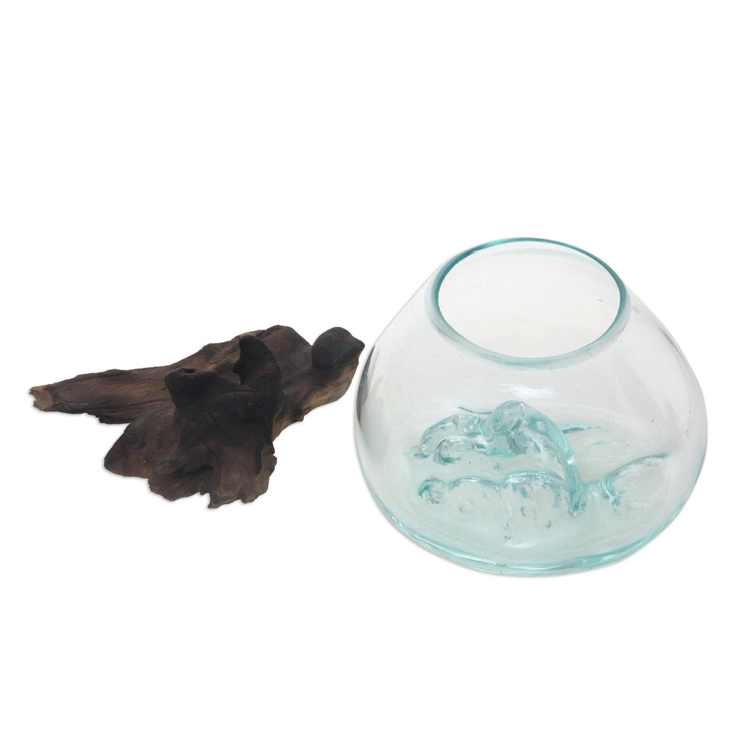 Handmade Blown Glass and Albesia Wood Vase Made in Bali - Rocky Horizon