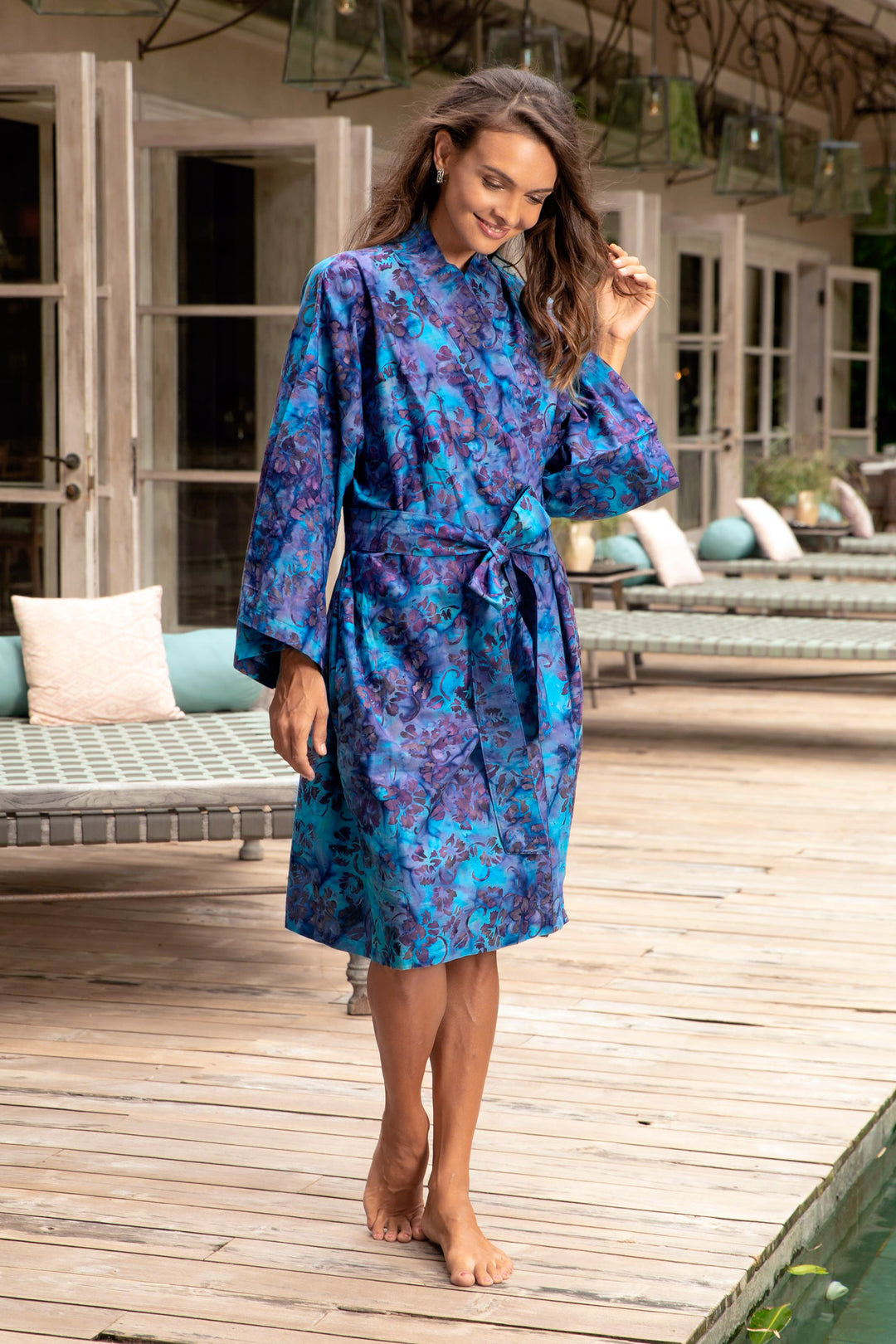 100% Cotton Artisan Batik Robe - Moonlit Blossoms
