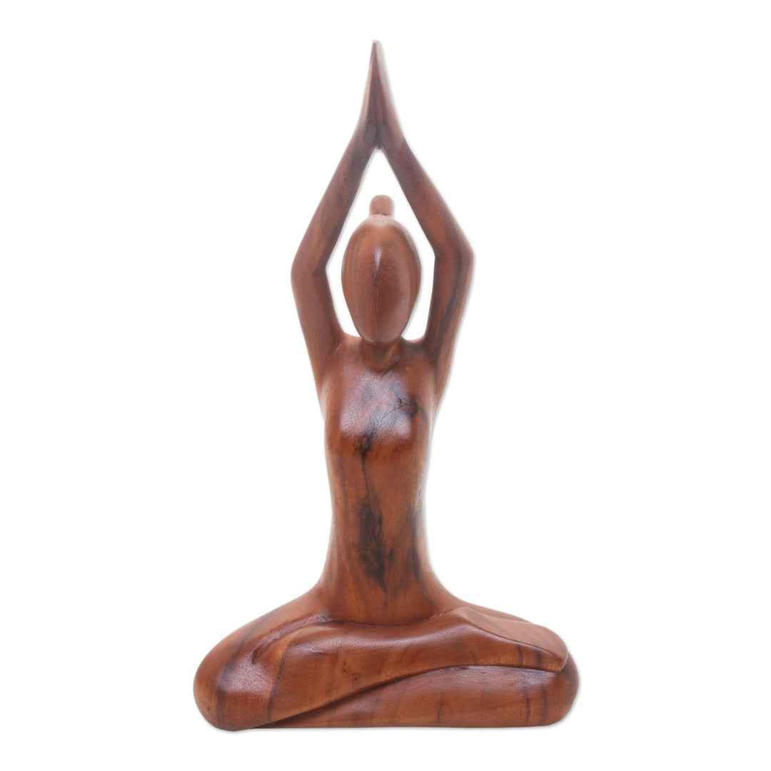 Hand Carved Yoga Sitting Pose Suar Wood Sculpture - To the Sky