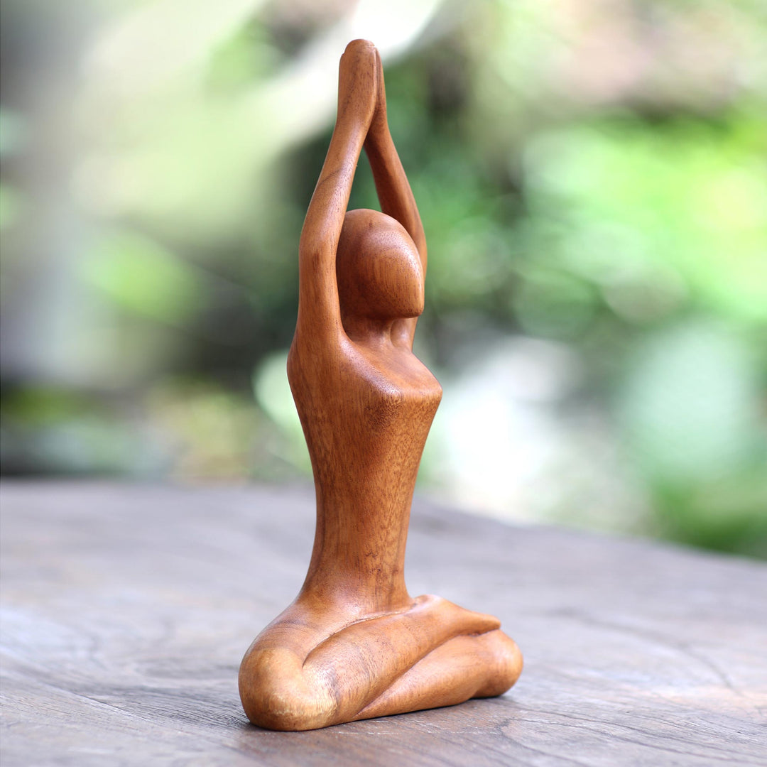 Hand Carved Yoga Sitting Pose Suar Wood Sculpture - To the Sky