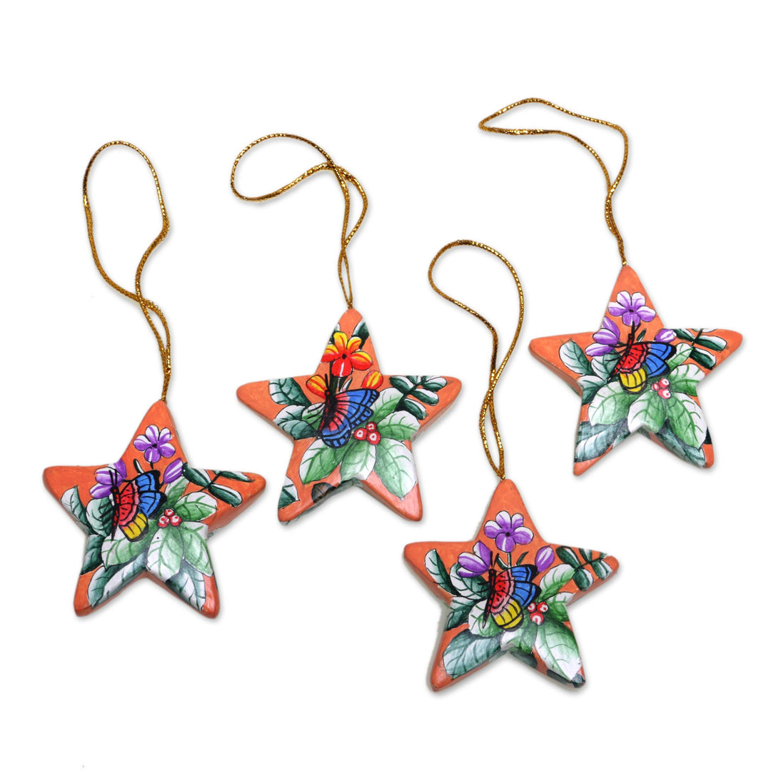 4 Hand Painted Balinese Star Ornaments with Butterflies - Sunset Butterflies