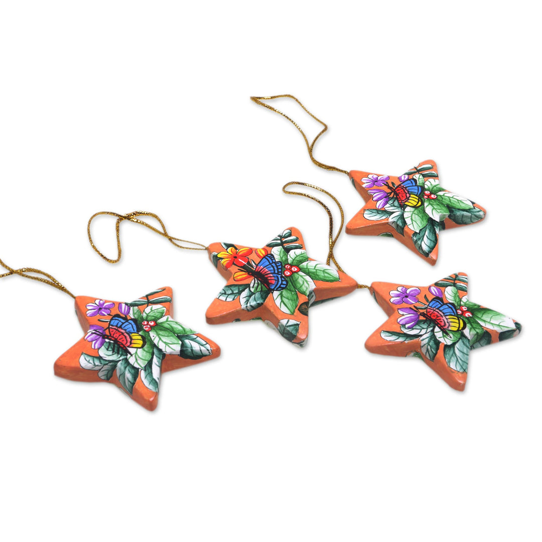 4 Hand Painted Balinese Star Ornaments with Butterflies - Sunset Butterflies