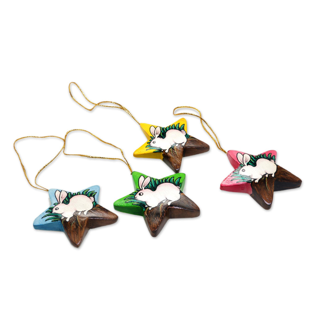 Balinese Hand Painted Bunny Rabbit Star Ornaments (Set of 4) - White Island Bunnies