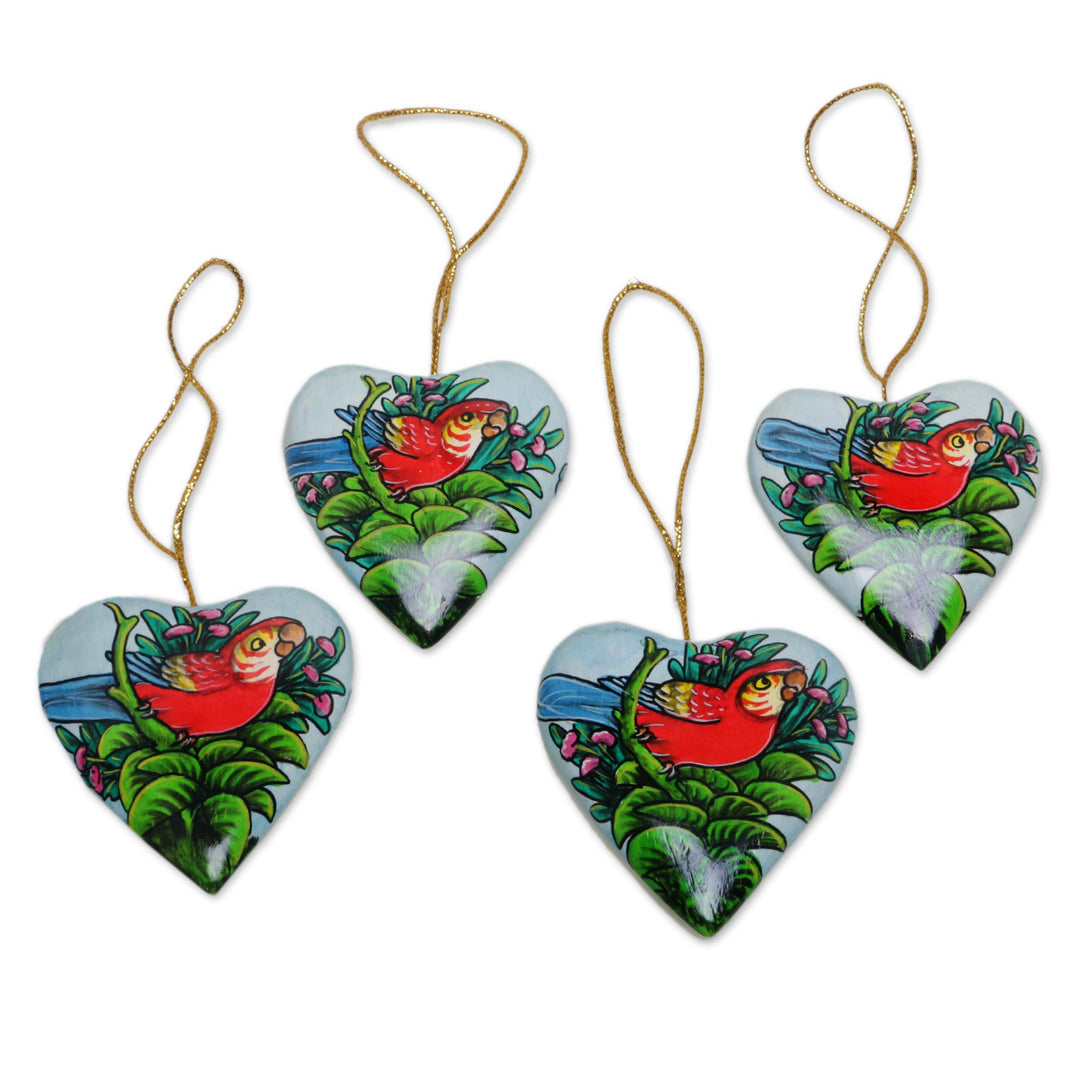 4 Hand Painted Heart Ornaments with Scarlet Macaws - Birds in My Heart