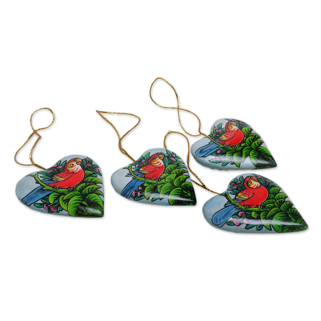 4 Hand Painted Heart Ornaments with Scarlet Macaws - Birds in My Heart