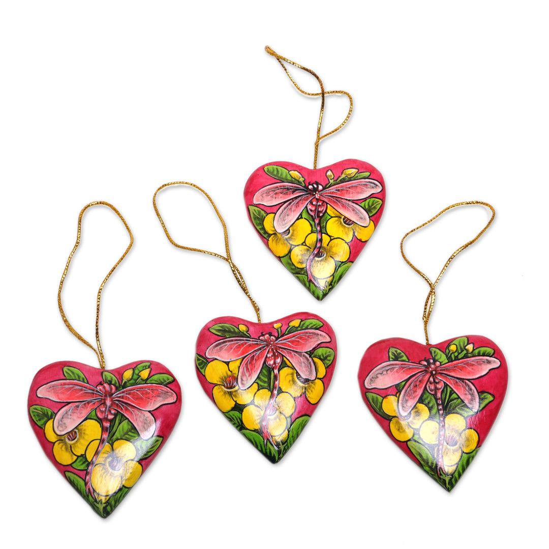 4 Hand Painted Balinese Heart Ornaments with Dragonflies - Dragonfly Love