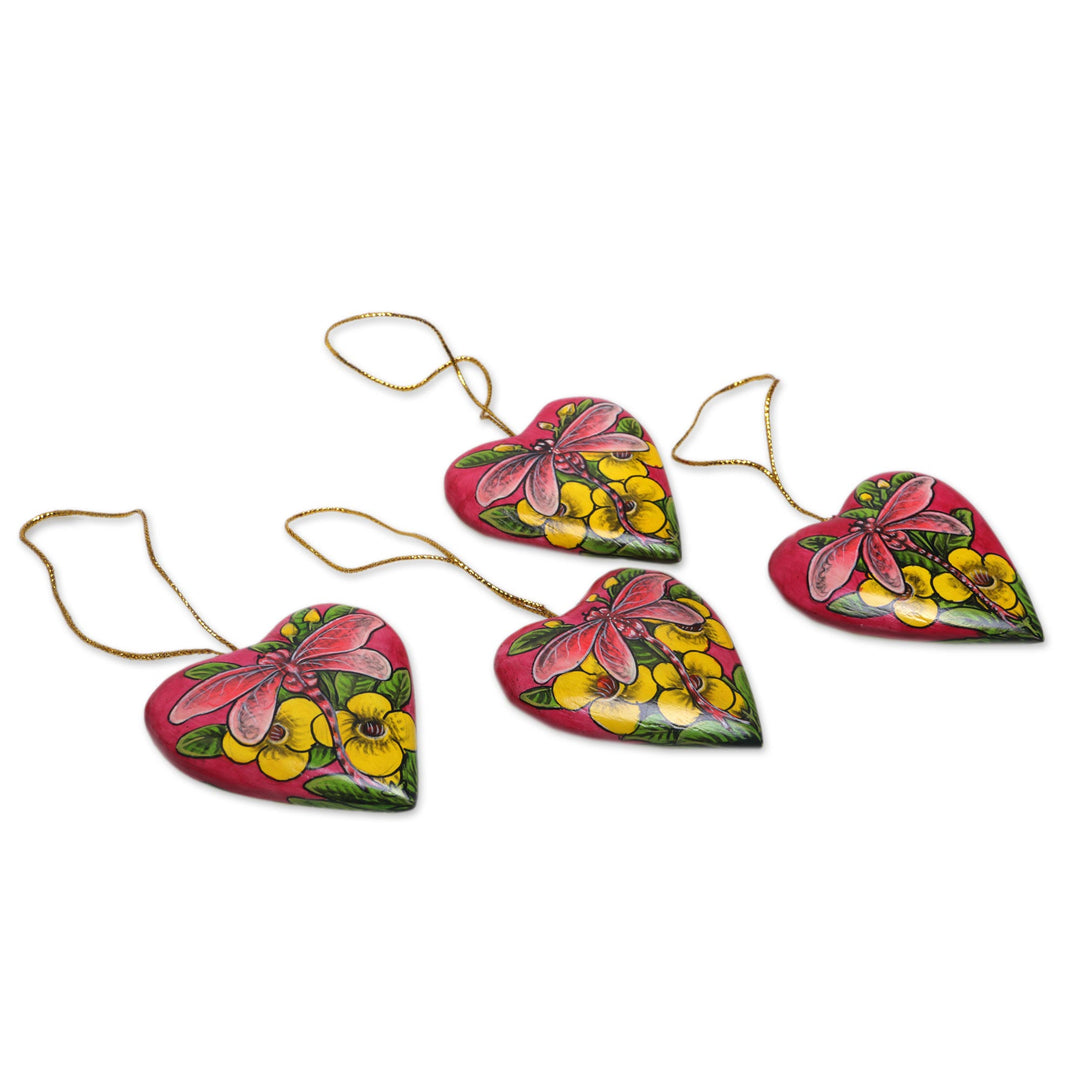 4 Hand Painted Balinese Heart Ornaments with Dragonflies - Dragonfly Love