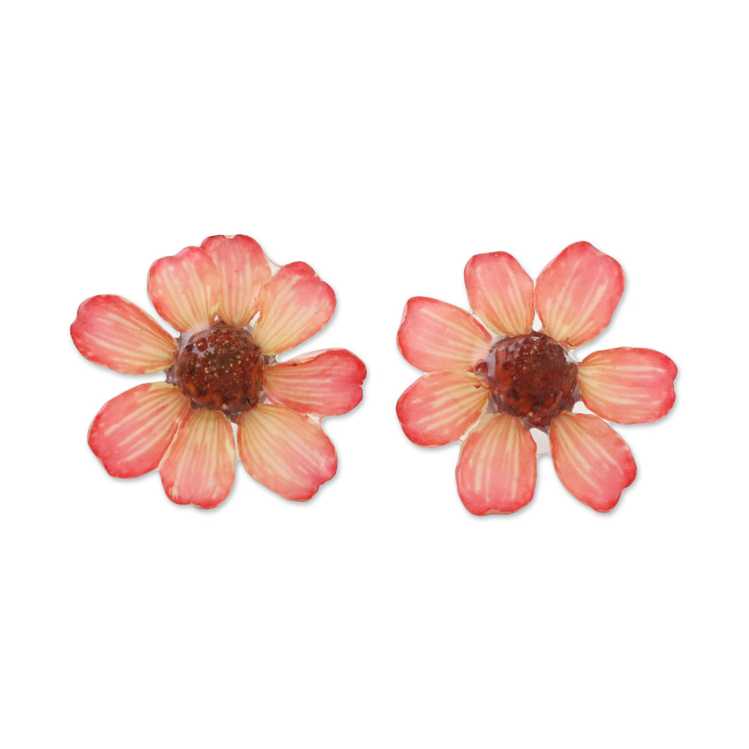 Resin Coated Natural Zinnia Button Earrings from Thailand - Red Summertime Zinnia