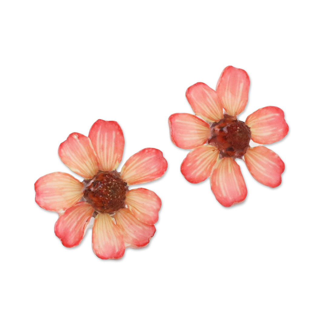 Resin Coated Natural Zinnia Button Earrings from Thailand - Red Summertime Zinnia