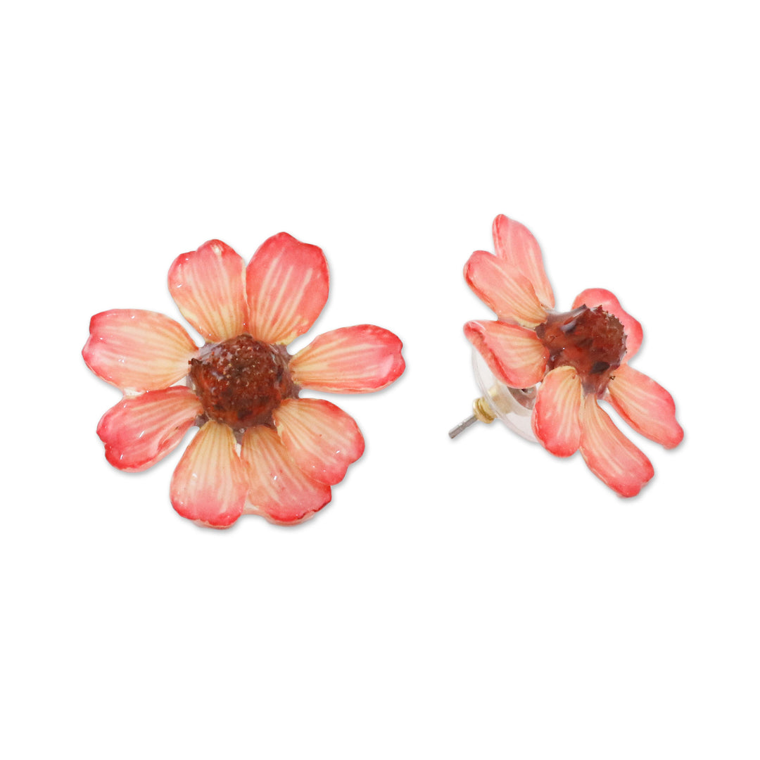 Resin Coated Natural Zinnia Button Earrings from Thailand - Red Summertime Zinnia