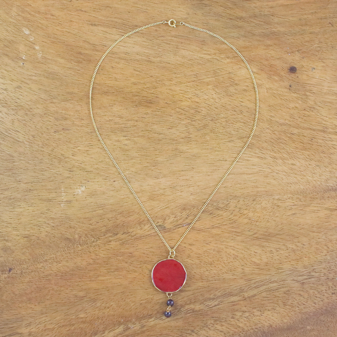 Garnet and Gold Plated Natural Rose Petal Pendant Necklace - Autumn Red Rose