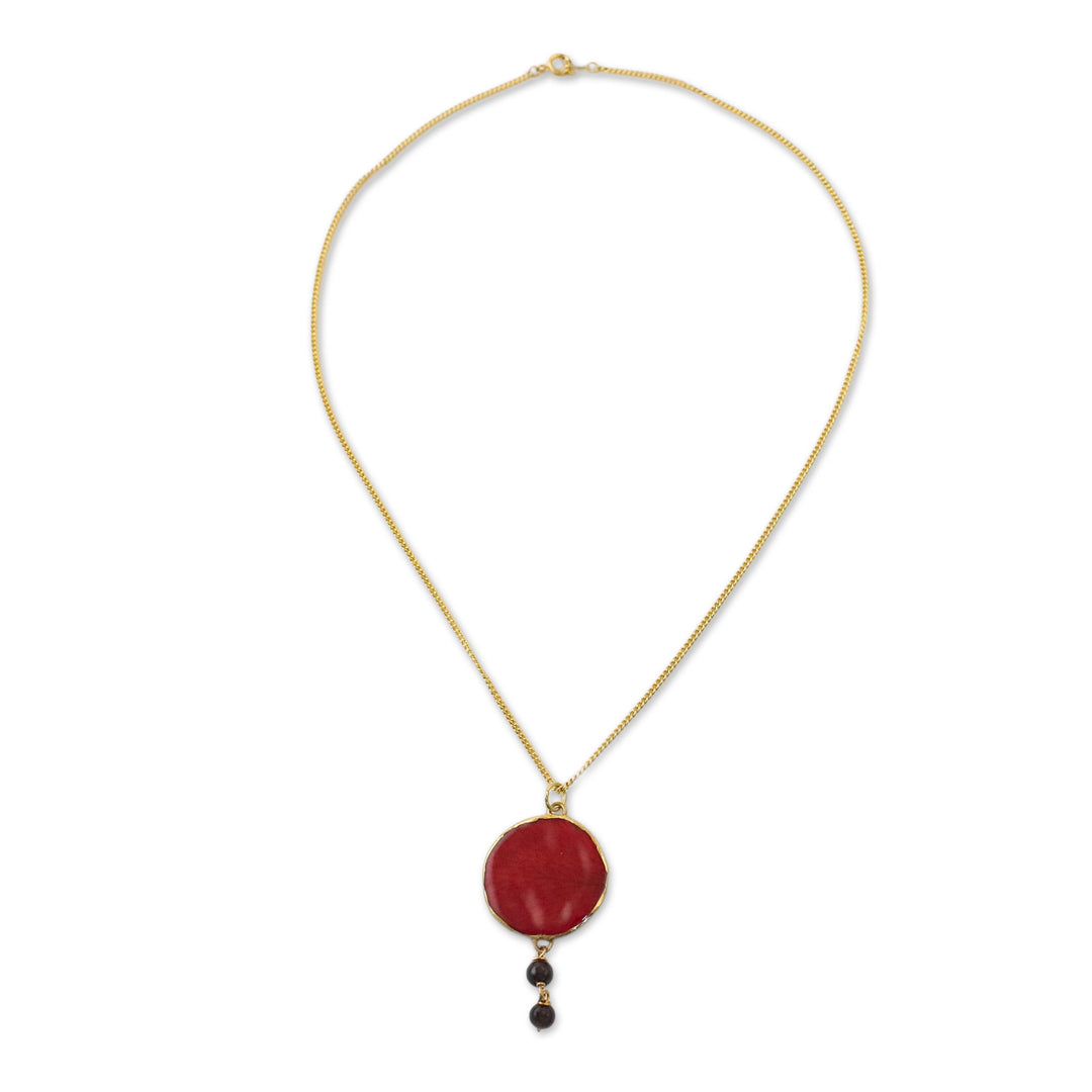 Garnet and Gold Plated Natural Rose Petal Pendant Necklace - Autumn Red Rose