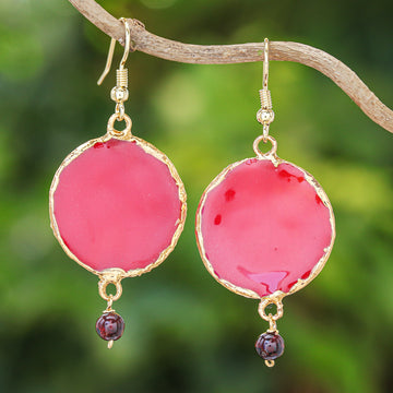 Garnet and Gold Plated Natural Rose Petal Dangle Earrings - Red Rose of Autumn