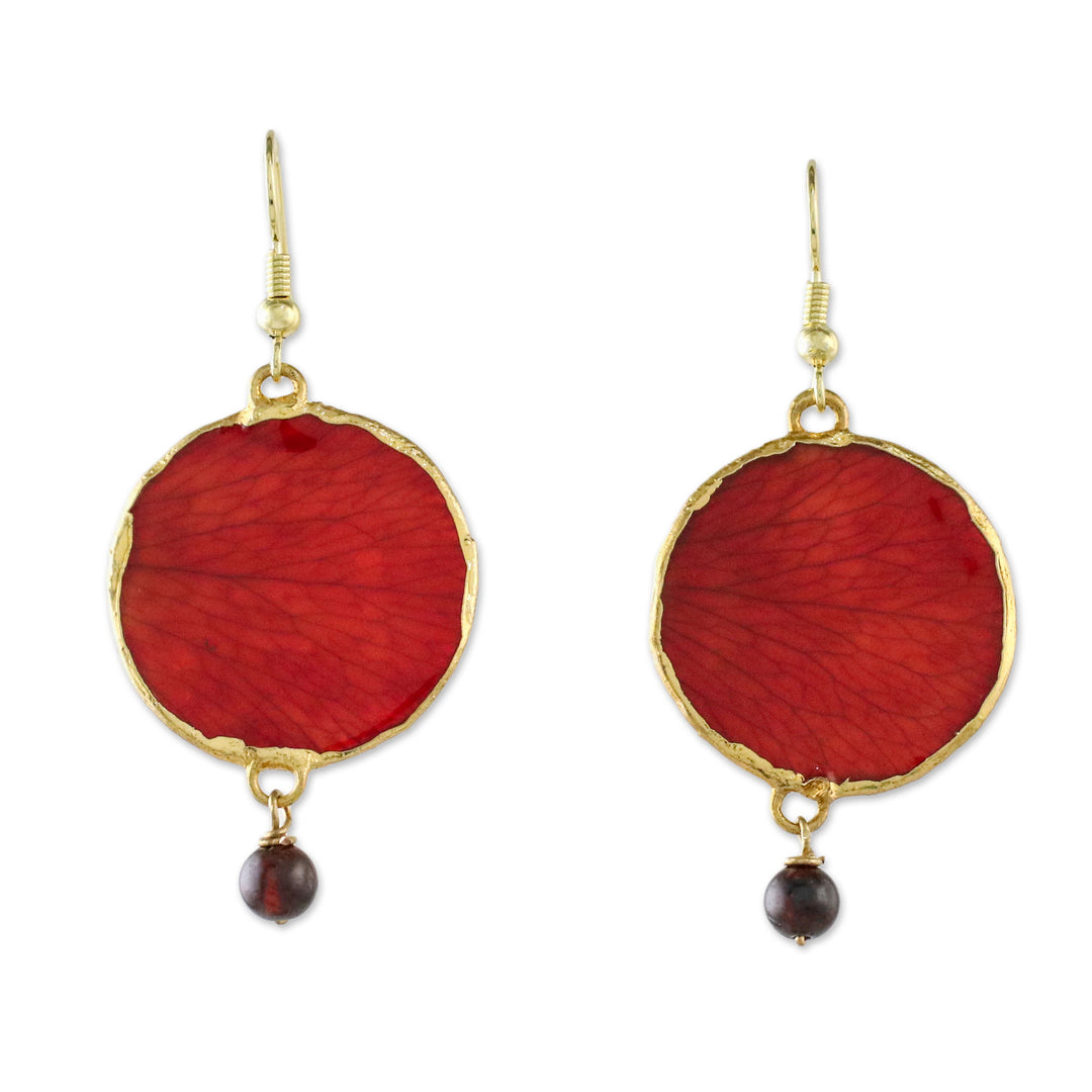 Garnet and Gold Plated Natural Rose Petal Dangle Earrings - Red Rose of Autumn