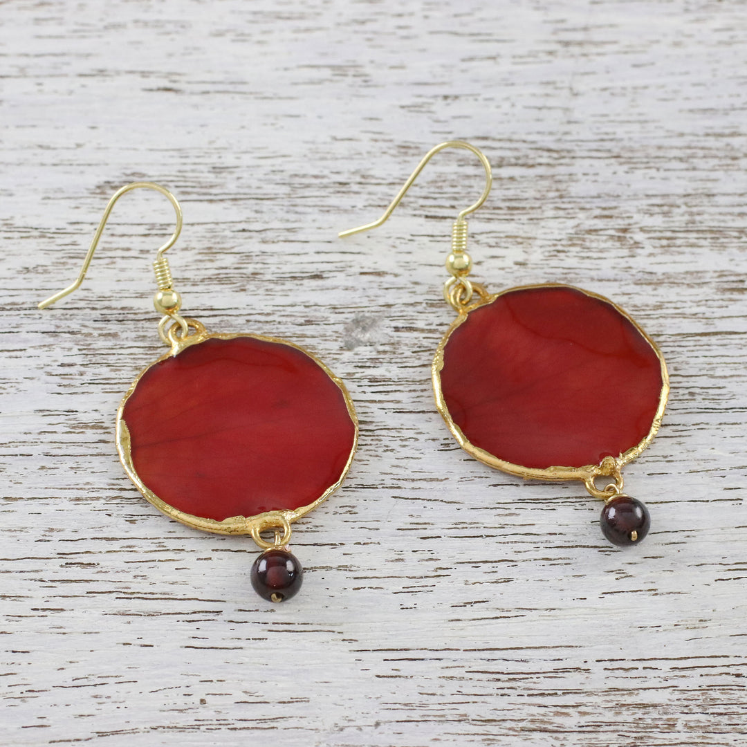 Garnet and Gold Plated Natural Rose Petal Dangle Earrings - Red Rose of Autumn