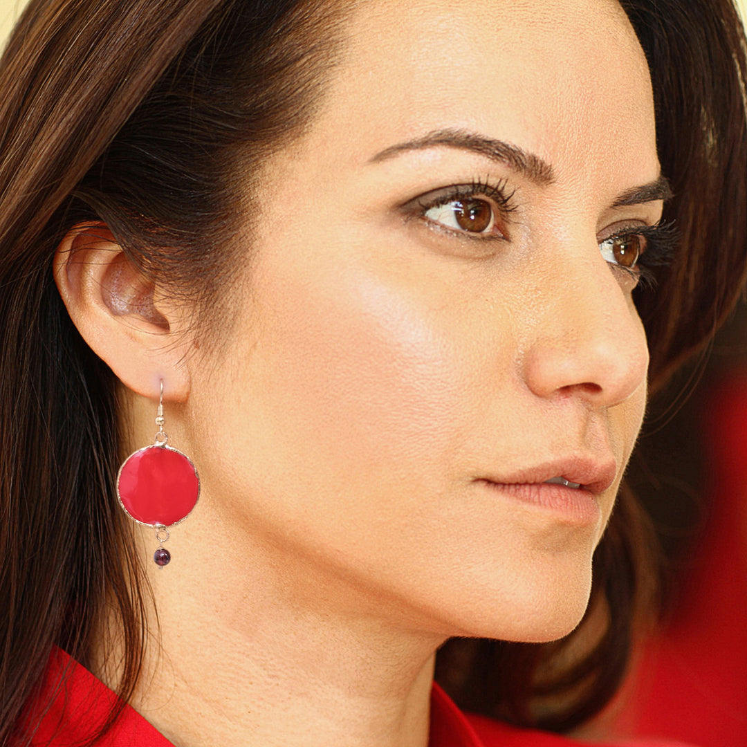 Garnet and Gold Plated Natural Rose Petal Dangle Earrings - Red Rose of Autumn