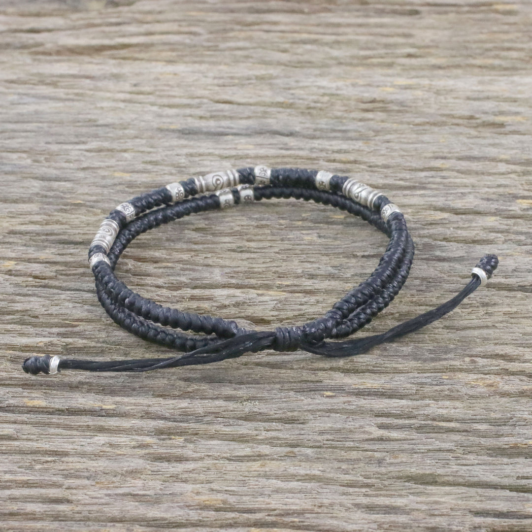 Thai Hill Tribe Style Unisex Silver Beaded Cord Bracelet - Double Luck in Black