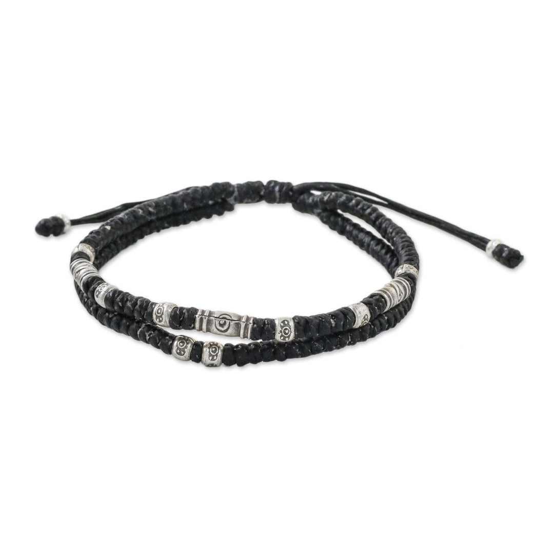 Thai Hill Tribe Style Unisex Silver Beaded Cord Bracelet - Double Luck in Black