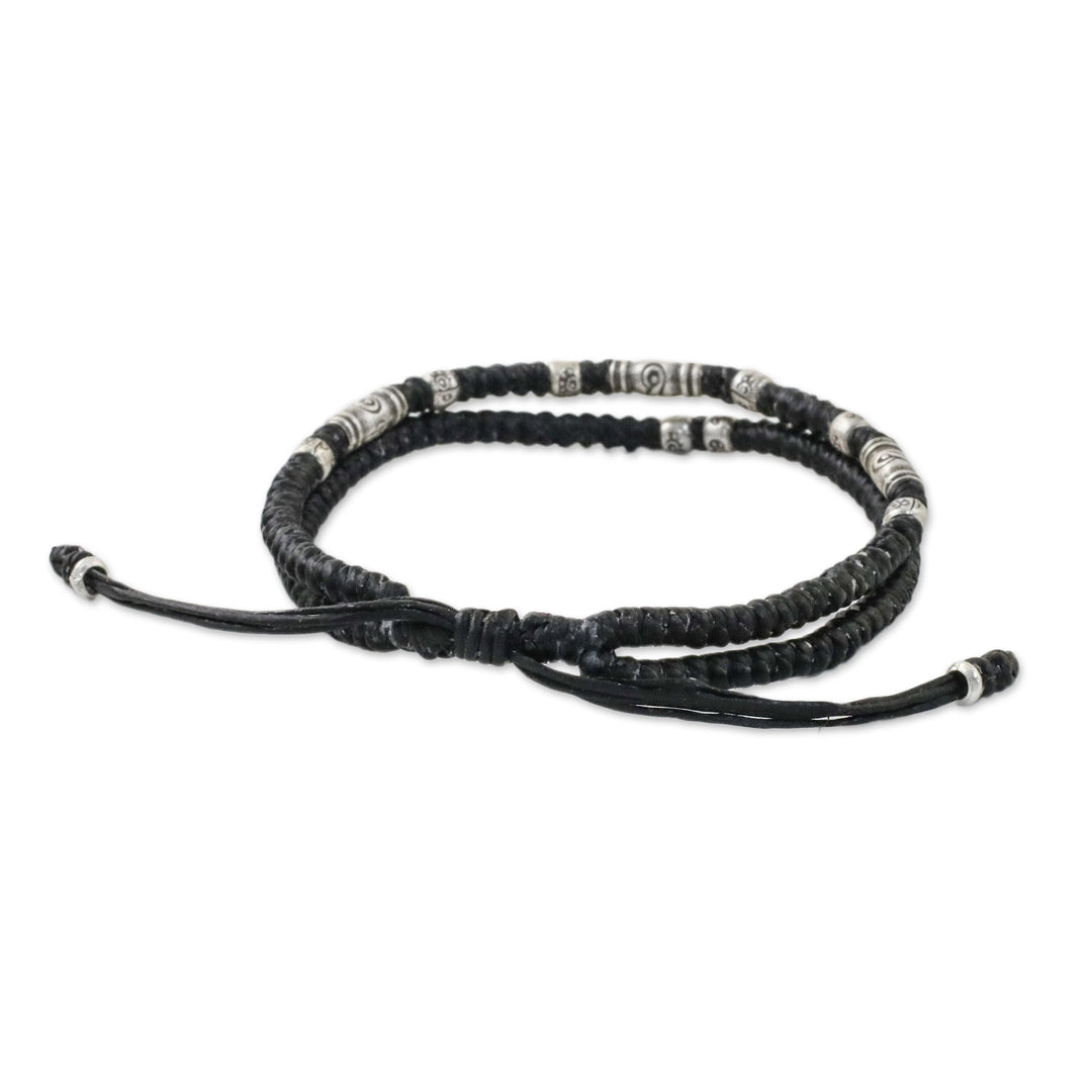 Thai Hill Tribe Style Unisex Silver Beaded Cord Bracelet - Double Luck in Black