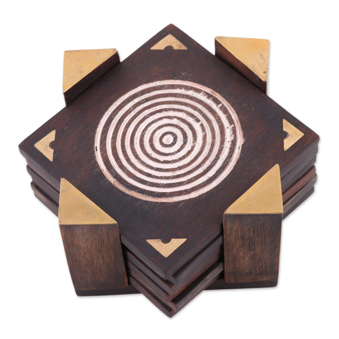 Handmade Set of 6 Brown Geometric Wood Coasters from India - Bull's Eye