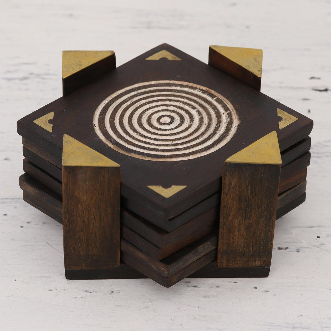 Handmade Set of 6 Brown Geometric Wood Coasters from India - Bull's Eye