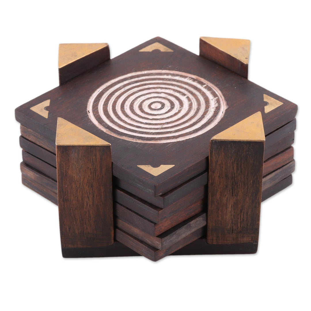 Handmade Set of 6 Brown Geometric Wood Coasters from India - Bull's Eye