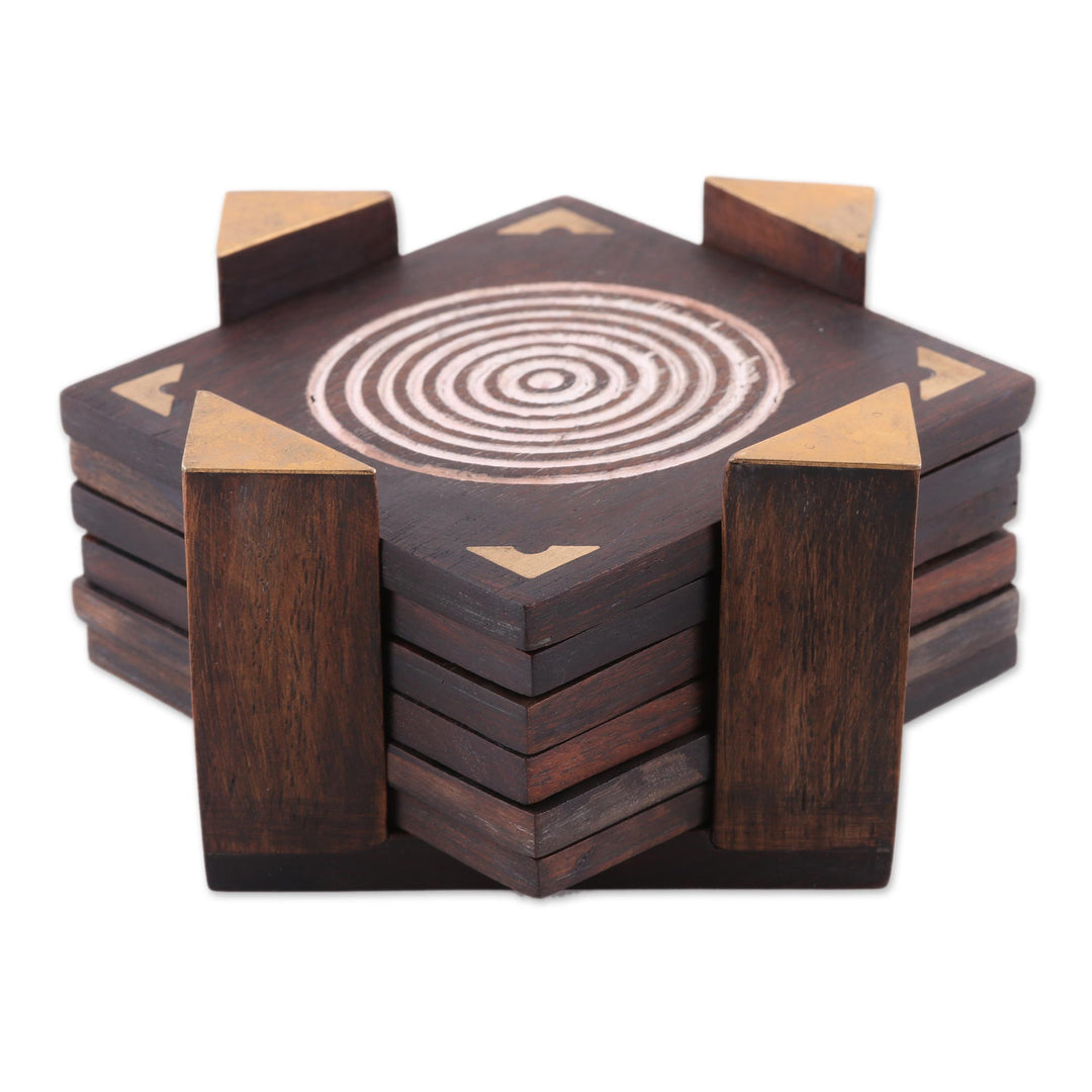 Handmade Set of 6 Brown Geometric Wood Coasters from India - Bull's Eye