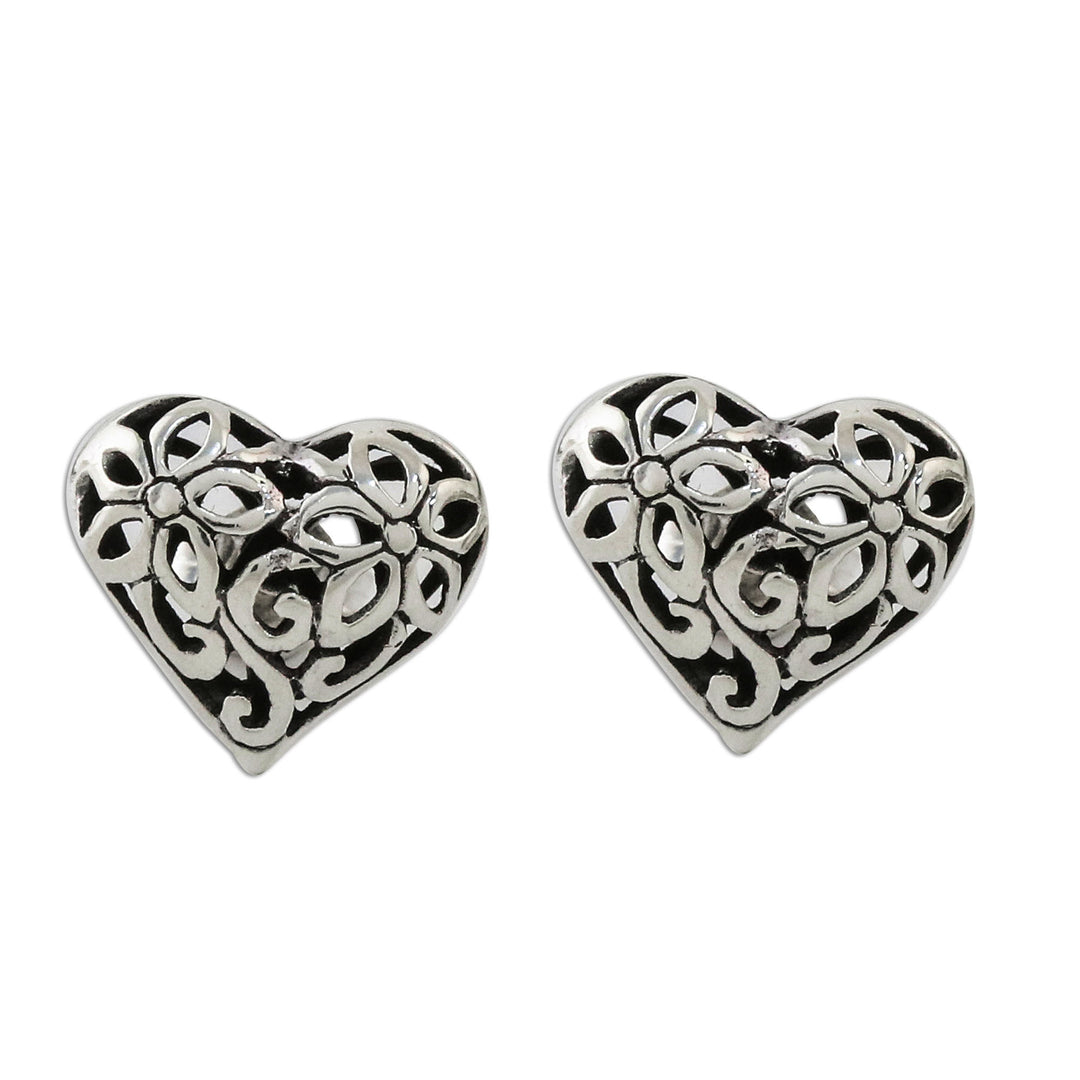 Floral Heart-Shaped Sterling Silver Earrings from Thailand - Petaled Hearts