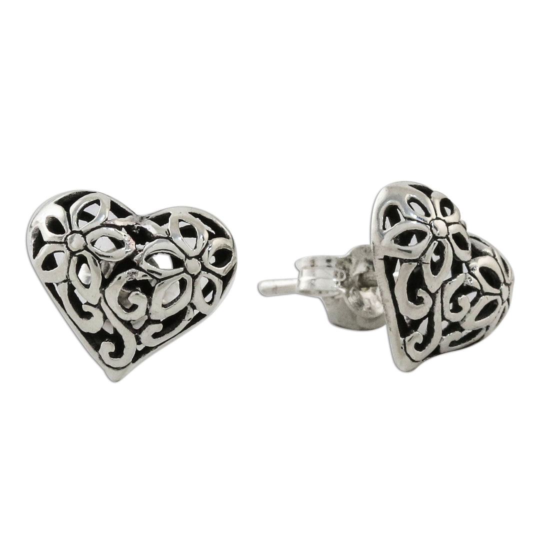 Floral Heart-Shaped Sterling Silver Earrings from Thailand - Petaled Hearts