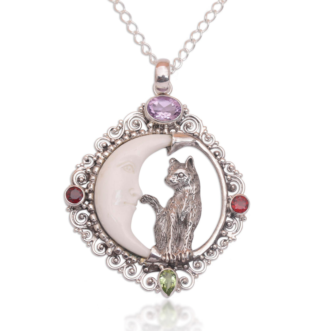 Handmade 925 Sterling Silver Garnet Cat Pendant Necklace - Kitty's Night