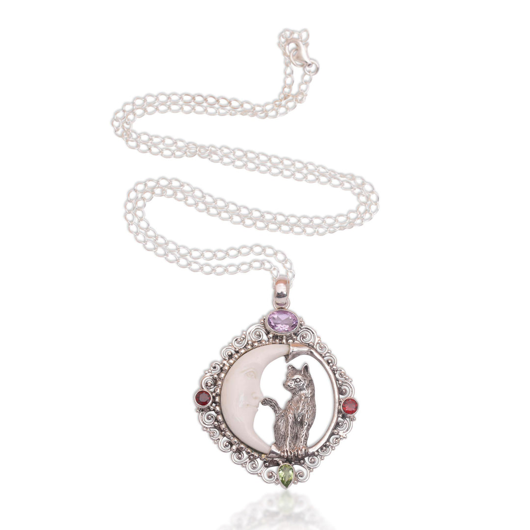Handmade 925 Sterling Silver Garnet Cat Pendant Necklace - Kitty's Night