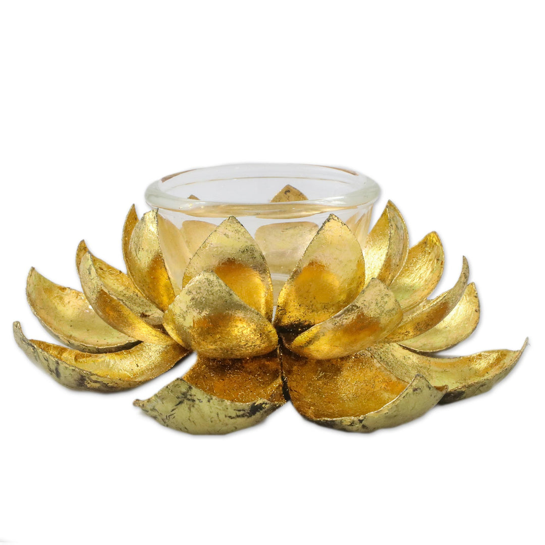 Lotus Shaped Steel Tealight Holder from Thailand - Gleaming Lotus