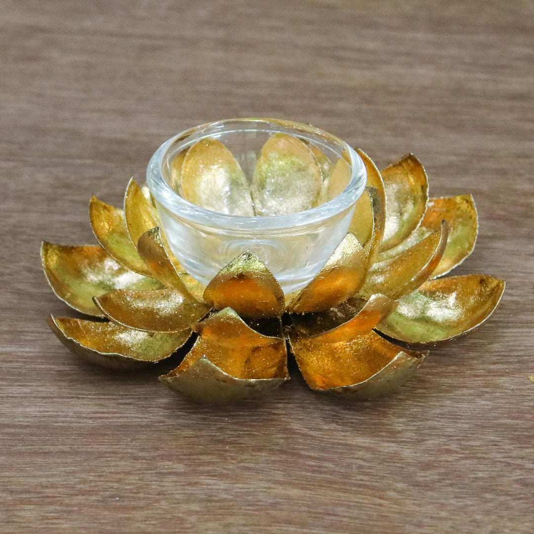 Lotus Shaped Steel Tealight Holder from Thailand - Gleaming Lotus
