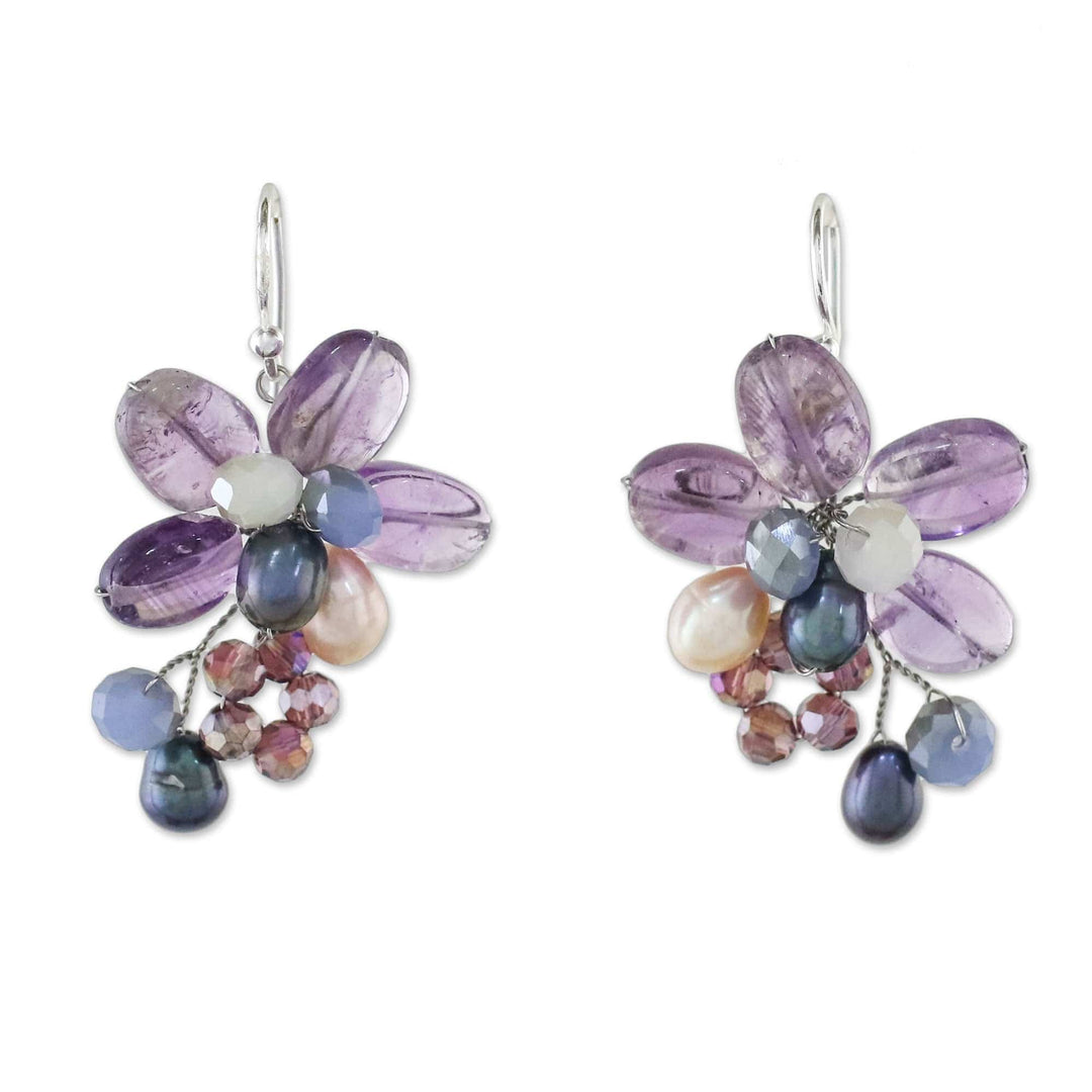 Amethyst and Cultured Pearl Earrings from Thailand - Elegant Flora
