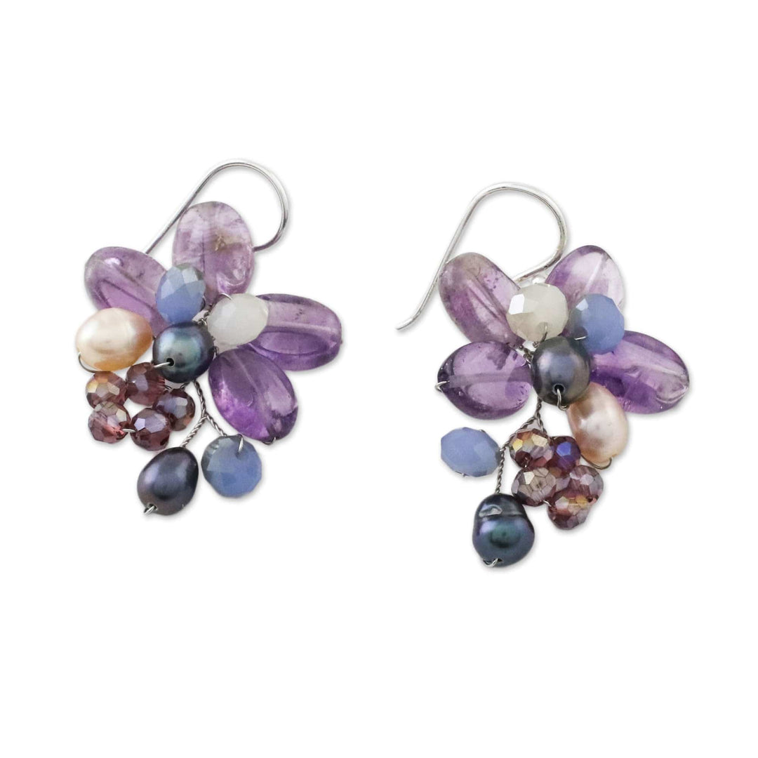 Amethyst and Cultured Pearl Earrings from Thailand - Elegant Flora