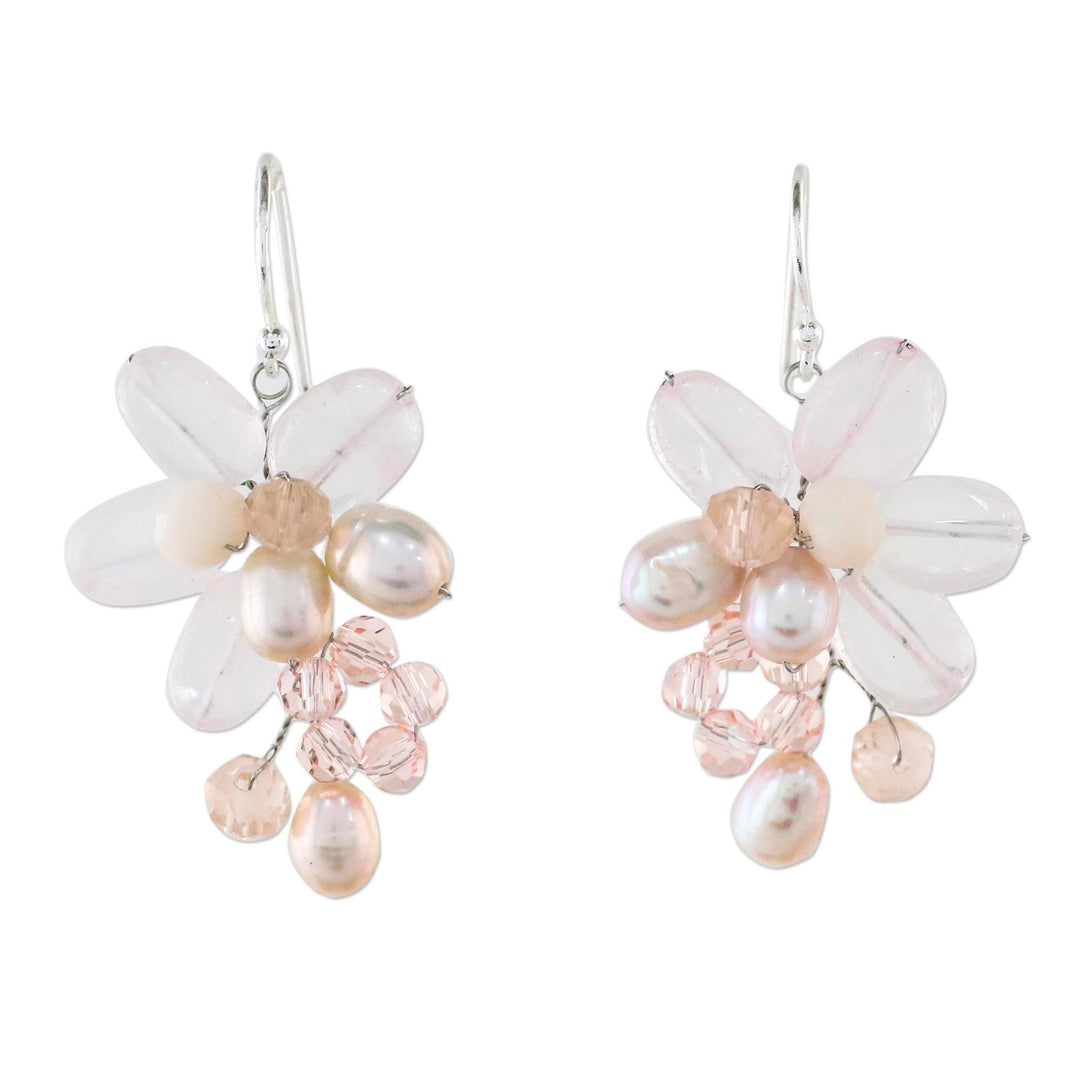 Rose Quartz and Cultured Pearl Dangle Earrings from Thailand - Elegant Flora