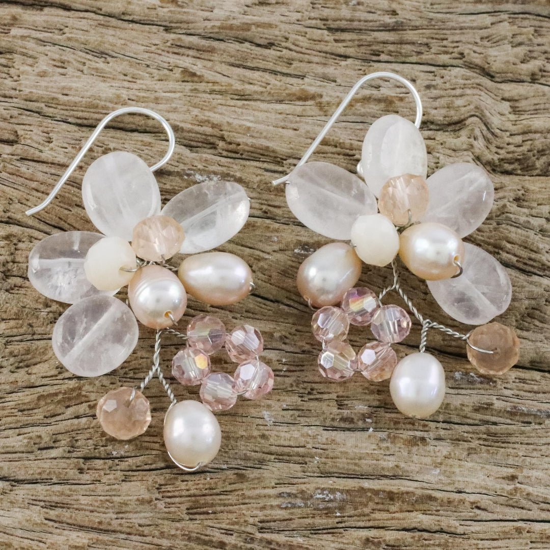 Rose Quartz and Cultured Pearl Dangle Earrings from Thailand - Elegant Flora