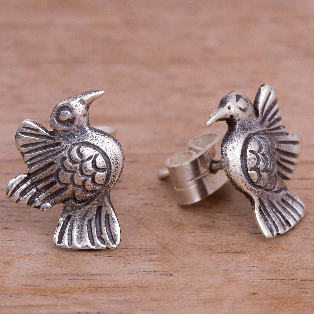 Bird-Themed Sterling Silver Stud Earrings from Peru - Melody of Nature